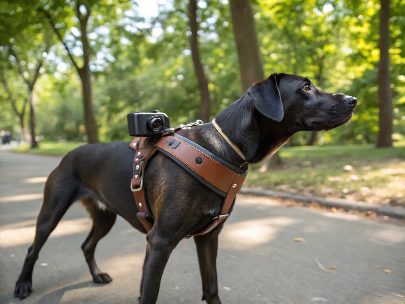 A dog wearing a Pearly6Leather harness with a hidden camera, walking confidently in a park. The harness is made of high-quality leather and fits comfortably.