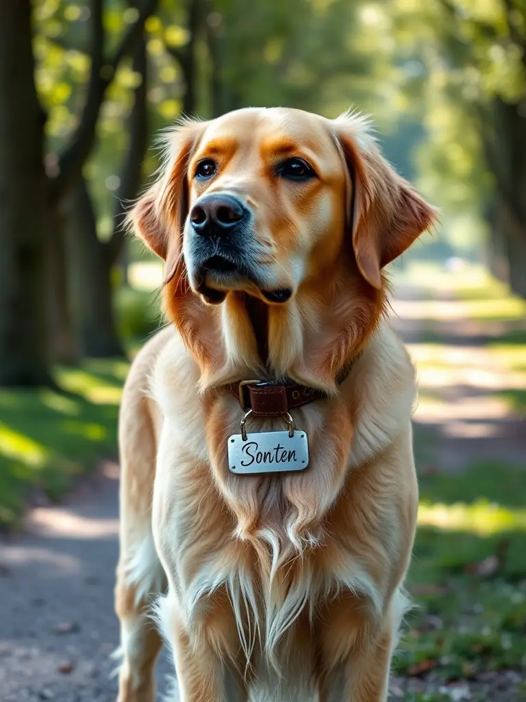 A dog wearing a Pearly6Leather collar with a personalized, laser-engraved nameplate, highlighting the customization options available.