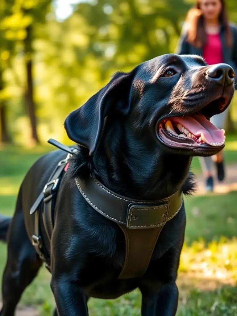 A Pearly6Leather harness with an integrated GPS tracker, shown in a lifestyle setting with a dog safely exploring a park.
