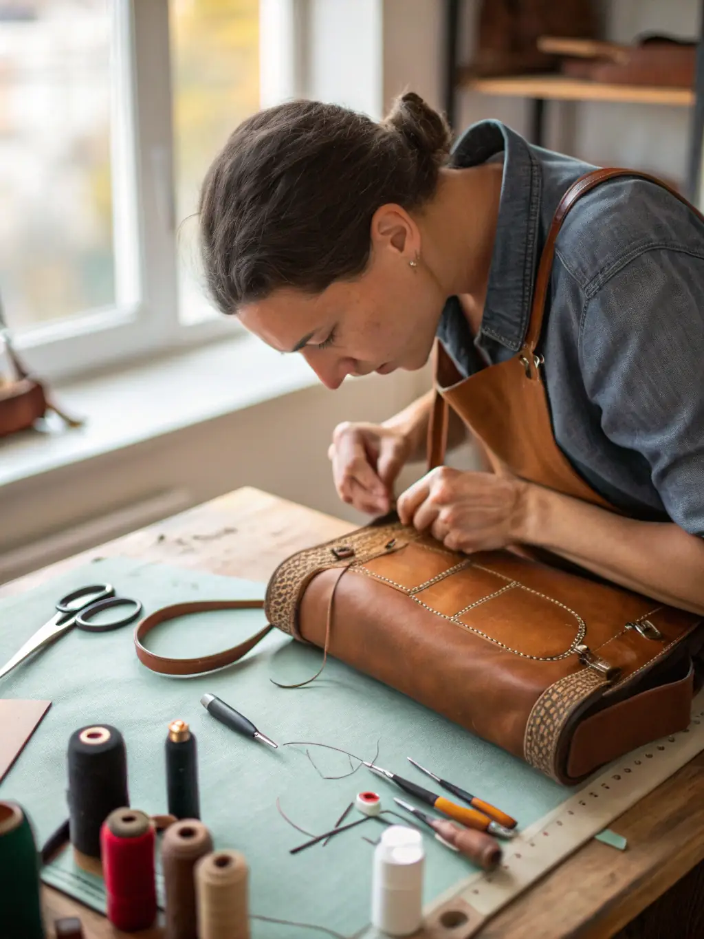 A close-up shot of a craftsman's hands meticulously stitching premium leather, showcasing the dedication to quality in Pearly6Leather's luxury collection.